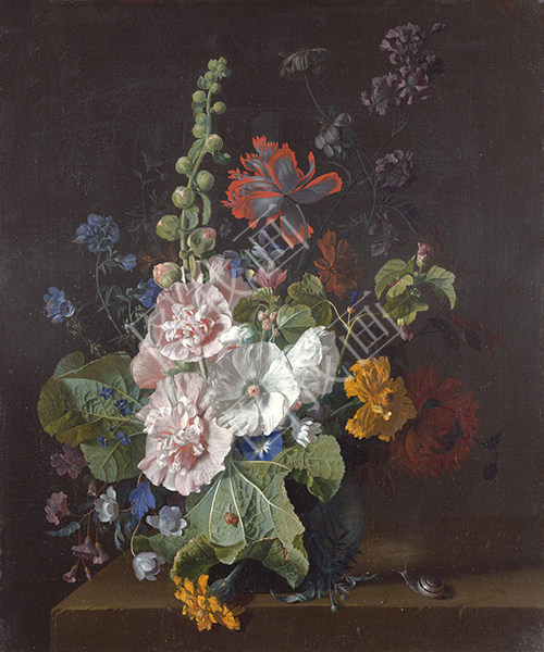 Hollyhocks and Other Flowers in a Vase